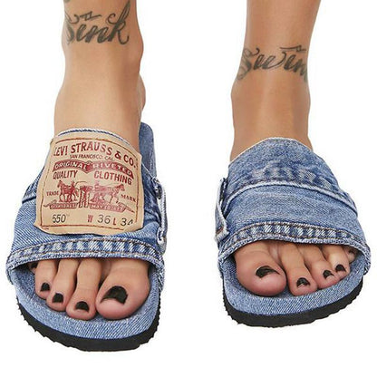 Denim Women's Cool Round Head Flat Slides Blue/Black