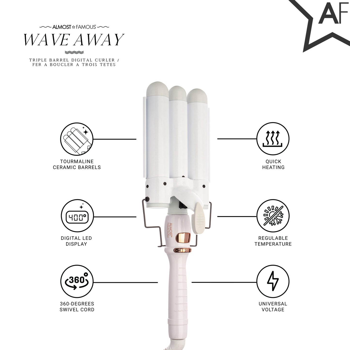 Wave Away Triple Barrel Curler with Tourmaline Ceramic Barrels